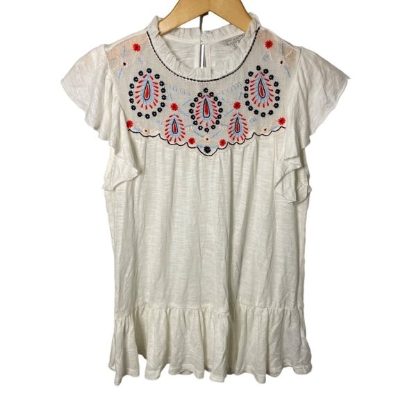 Lucky Brand Embroidered Flutter Sleeve Bohemian Tunic Top Sz XS - Picture 1 of 9